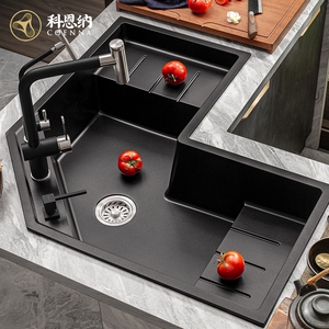 科k恩纳厨房石英石转角水槽拐角洗菜盆l型异形大单槽沥水式套餐