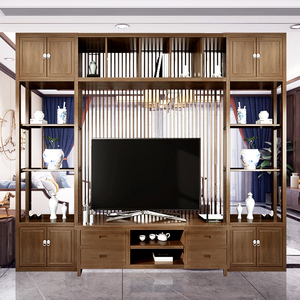 实木轻奢电视柜一体组合墙小户型客厅隔断背景墙镂空装饰现代简约