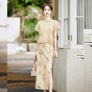 新中式女装旗袍上衣半身裙套装2024年夏季雪纺复古民国风两件套
