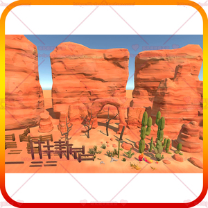 Unity3d卡通风格化沙漠植物仙人掌灌木悬崖岩石栅栏骨头场景模型