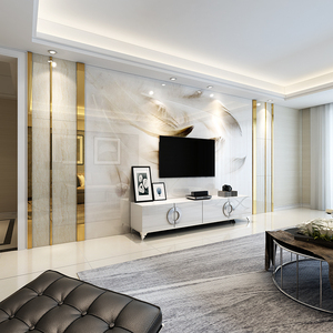 大理石电视背景墙瓷砖微晶石现代简约客厅影视墙装饰边框轻奢羽.