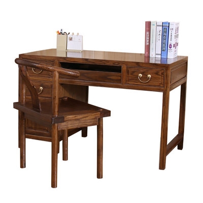 日本榫卯工艺复古老榆木小z书桌1米2全实木桌椅组合胡桃木色电脑
