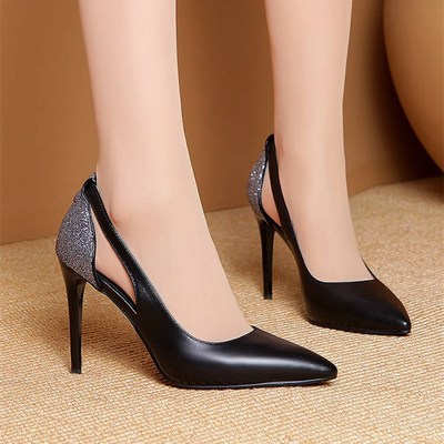 单跟皮鞋女w士秋季高跟鞋女2019新款百搭尖头细跟单鞋浅口职业