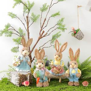 森系田园风草编兔子摆件幼儿园植物角装饰庭院花园布置手工艺品