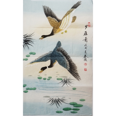 工笔画纯手绘国画大雁芦苇装饰画挂画芦雁图三尺字画p秦薇01547.
