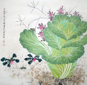 字画】c19721国画花鸟.工笔小写意白菜.百财图.四尺斗方
