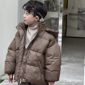 儿童冬装新款韩国童装棉衣男童美拉德棕色短款手塞棉保暖连帽棉服