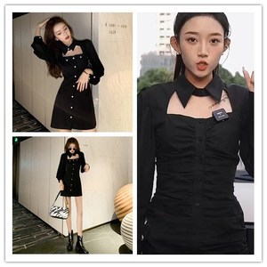 网红小伊伊同款衣服polo领小黑裙镂空长袖连衣裙2022女小个子气质