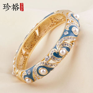 珍裕首饰北京景泰蓝手镯水钻镶嵌时尚复古风女镯子礼物珍珠首饰送