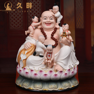 久畔德化陶瓷坐莲五子弥勒佛像五子登科大肚笑佛招财童子供奉摆件