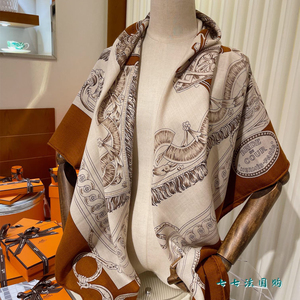 hermes/爱马仕21秋冬新款印花围巾女士披肩真丝山羊绒围脖大方巾