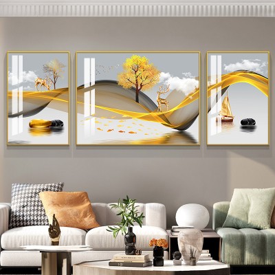 现代简约客厅装饰画轻奢沙发背景墙上壁画大气挂画麋鹿线条三联画