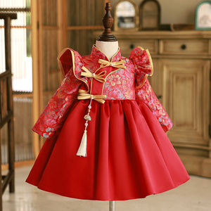 周岁宴礼服女宝宝女童唐装儿童抓周中式旗袍国风小公主裙洋气红色