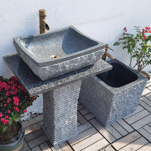 户外石头洗手盆庭院水池一体台盆复古大理石洗手池天然石材立柱盆