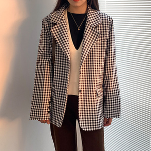 小屈lesp黑白格子西装外套女春秋设计感众宽松个子西服上衣春黑哥