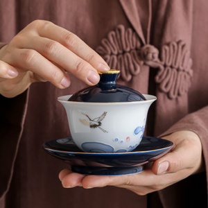 昶玖手绘鹤鸣九皋盖碗茶杯白瓷三才碗陶瓷单个泡茶碗功夫茶具套装