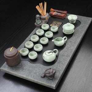 黑石茶盘家用托盘茶海天然石材整块石头火烧石大理石茶台茶具套装