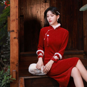拜年服旗袍中国风红色新年服加绒加厚女生春节改良款婚礼新娘敬酒