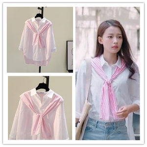 因为遇见你张果果同款衬衫女装春秋粉色条纹披肩假两件衬衫女