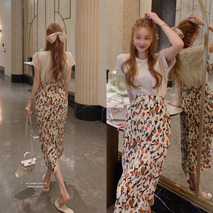 韩国半身裙高腰开叉修身长裙花色精致中长款裹身一步裙包臀夏季