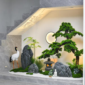 仿真迎客松假山石组合室内楼梯下仿真绿植景观造景新中式茶室摆件