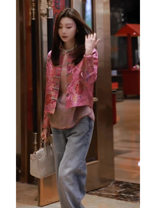 2024新款新中式国风女装印花外套粉色衬衫春秋季出口高端两件套装