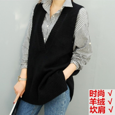 春秋新款羊绒马甲坎肩q女v版中长款宽大加厚无袖松码韩领毛衣背心
