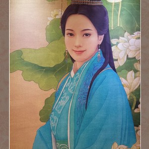 春风笑意图神话电影画像r玉漱丽妃画像 复古绢丝挂轴卷轴画 可来