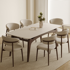 奶油风岩板实木白蜡木家用客厅餐桌现代简约长方形纯白轻奢风餐台