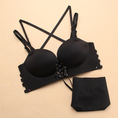拉b美背文胸聚拢无痕交叉八带性感女士无钢圈系绳小胸加厚nb内衣1