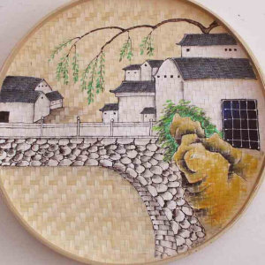 日本购纯手工画竹簸箕画竹匾竹筛竹编画创意彩绘画竹筐农家q乐火