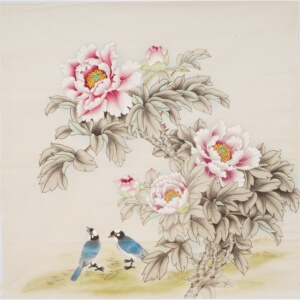 22四尺斗方蝴蝶牡丹精品工笔画国画纯手绘花鸟没h提款无款画047a.