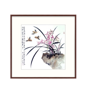 纯手绘镜框装裱手工中国画花鸟真迹字画装饰写意水墨斗方兰石兰p