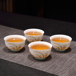 创意高档中式财富杯羊脂玉陶瓷茶杯喝茶杯子 家用茶具配件小茶杯