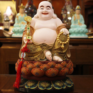 汉白玉古彩弥勒佛佛像笑佛大肚布袋和尚佛堂居家供奉乐佛送礼摆件
