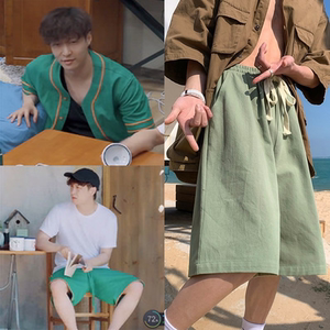 张艺兴同款绿色短裤纯色男夏季外穿休闲五分裤子宽松潮高街大裤衩