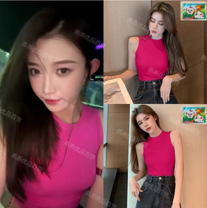 网红小伊伊同款衣服玫红色背心女外穿2023夏新款无袖打底上衣ins