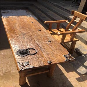 老榆木门民俗复古茶桌门匾画案风化木板吧台桌面 实木旧门板定制