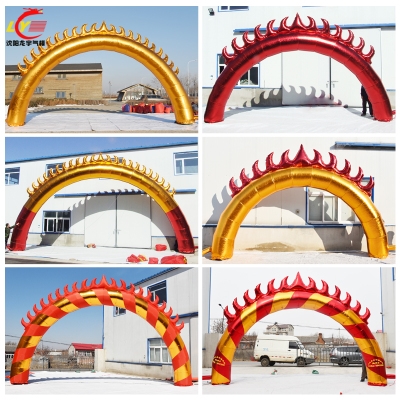 新款6米8米金色彩虹门太阳门火苗彩虹门烫金红色开业气模充气拱门