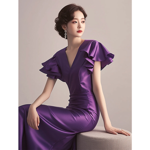 高端精致紫色小飞袖缎面连衣裙2024夏季女装小香风宴会礼服长裙子