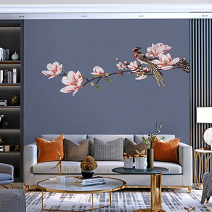 独绣墙布卧室床头刺绣无缝壁布电视背景墙壁画新中式玉兰高档独秀