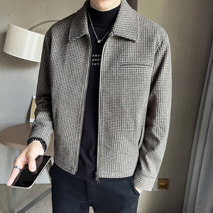 千鸟格呢子夹克男士春秋季新款潮牌复古短款毛呢外套休闲潮流上衣