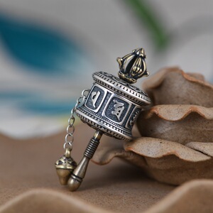 s925银复古工艺银饰转经筒项饰泰银八吉祥六字真言吊坠