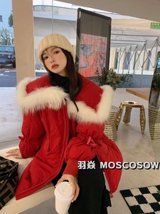 圣诞礼物！冬季红色圣诞海军领貉子毛领洋气中长韩版羽绒外套女