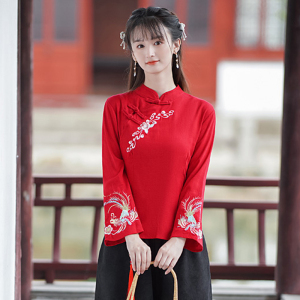 唐装女装中国风年轻款改良版旗袍秋冬长袖茶服汉服上衣套装工作服