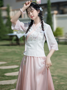 汉元素改良日常汉服女款上衣中国风唐装套装夏茶服采耳师服装仙气
