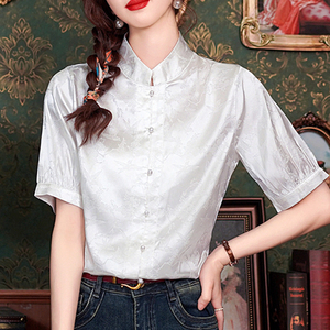 MONKOLCINLY女款衬衣高端衬衫白色新中式国风立领对襟上衣夏季短