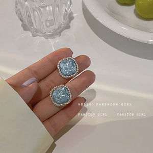 巴洛克蓝色宝石方形耳环小香风珍珠2023新款复古气质简约高级耳饰