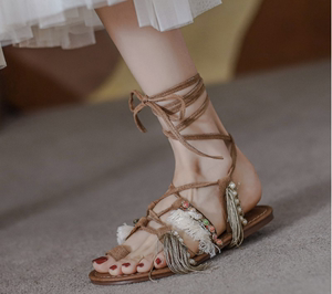波西米亚凉鞋女2023年夏季新款法式仙女风绑带旅游度假平底罗马鞋