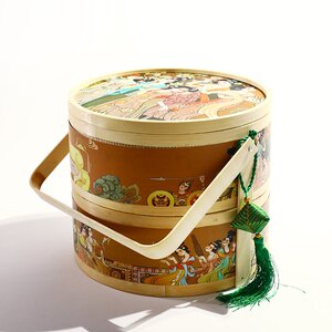 双层圆形仿古代美女图中秋节装月饼小点心的竹编竹篮子包装